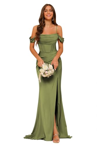 Off Shoulder Satin Bridesmaid Dress Long Mermaid Corset Prom Dress for Women Formal Gown with Slit