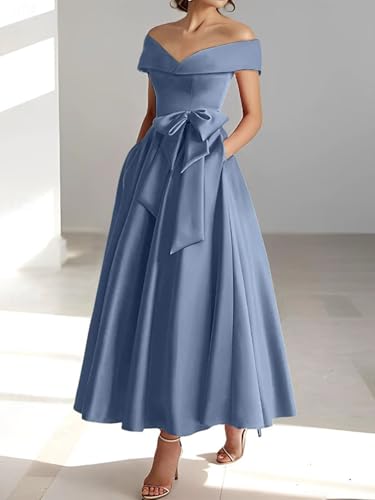 Womens Off The Shoulder Satin Mother of The Bride Dresses with Bow Tea Length Formal Gowns Evening Dress