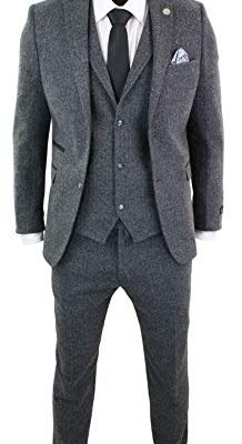 Mens Grey Black 3 Piece Tweed Suit Herringbone Wool Vintage Retro