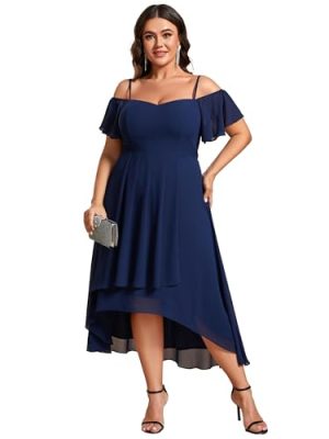 Women's Plus Size Ruffle Sleeves Off Shoulder Empire Waist A Line Chiffon Summer Wedding Guest Dress 02103-DA