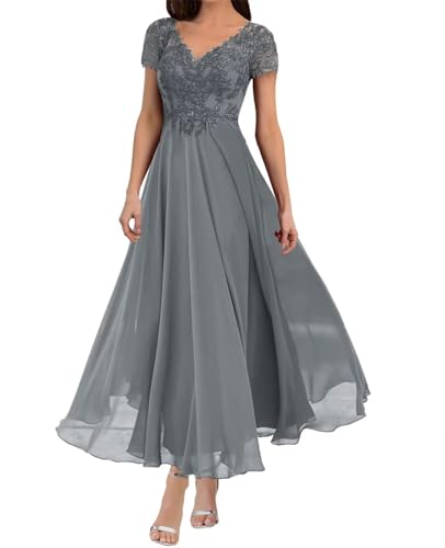 Mother of The Bride Dresses Lace Appliques Formal Evening Party Prom Gown Chiffon Short Sleeve A-Line DR0201R
