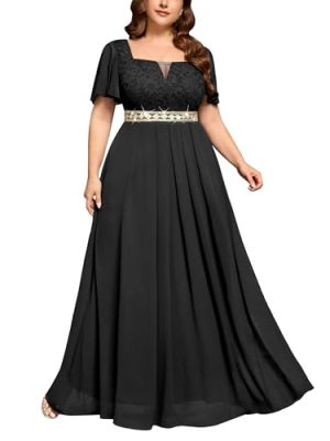 Women's Plus Size Floral Lace Ruffle Sleeves Beads Waist Chiffon Formal Party Maxi Dress