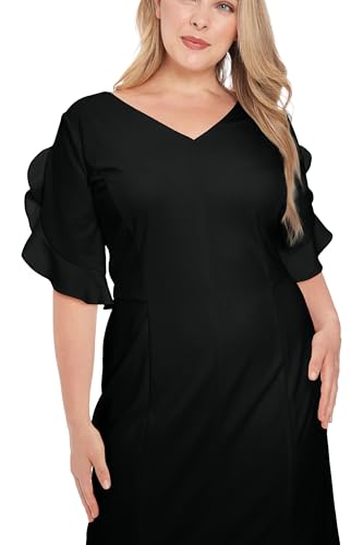 Women's V-Neck Midi Sheath Ruffle Sleeves-Front Slit-Elegant Wedding Guest Cocktail Dress