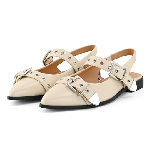 Women's Buckle Ballet Flats Pointed Closed Toe Slingback Shoes with Low Heel Comfortable Dress Flats