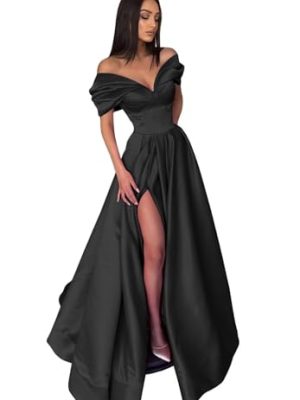 Women's Off The Shoulder Satin Prom Dress with Pockets Long Backless A-Line Formal Evening Gowns with Slit