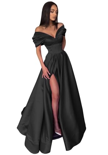 Women's Off The Shoulder Satin Prom Dress with Pockets Long Backless A-Line Formal Evening Gowns with Slit