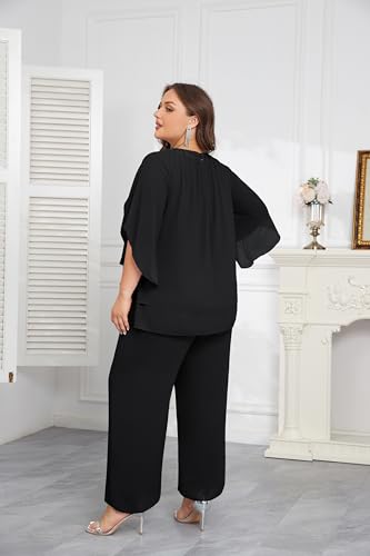 Mother of Bride Pant Suits Plus Size Half Sleeve 2 Piece Chiffon Pantsuit Formal Wedding Guest Outfit
