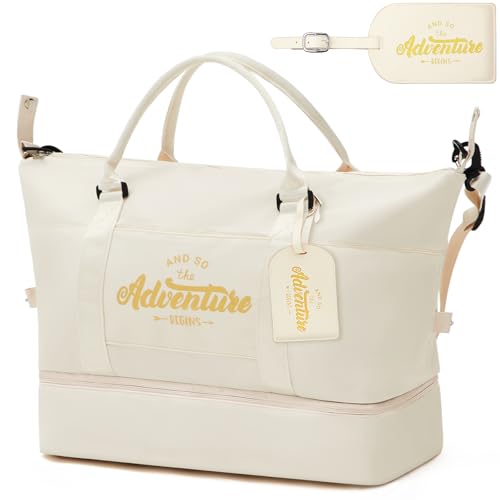 Wedding Weekender Bag for Women, Bridal Shower Gift Set with Shoe Compartment & Luggage Tag, 'and So The Adventure Begins' Bride