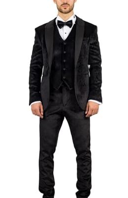 Men's Suit 3 Piece Black Velvet Paisley Shawl Collar Tailored Fit Wedding Tuxedo