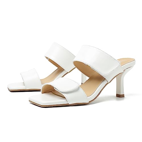 Womens 2 Strap Slip On Heeled Sandals Slip On Sandals Square Toe Kitten Heeled Mules