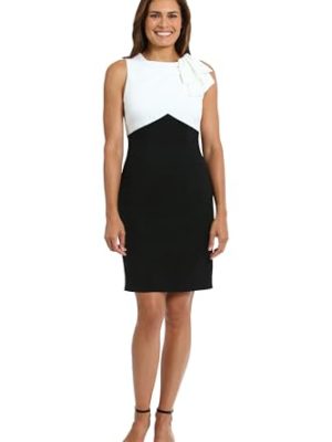 Women's Sleeveless Sheath Geometric Colorblock Design with Bow Detail-Knee-Length Cocktail Dress