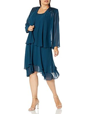 Women's Plus Size Embellished Tiered Mother of The Bride Gown with Jacket, Wedding Guest, Formal Event Dress