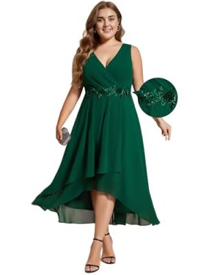 Women's Summer Chiffon Sleeveless V Neck Applique Plus Size High Low Formal Wedding Guest Dresses 41926-DA