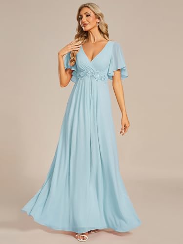 Women's Chiffon A-Line Ruched Short Sleeves Applique Waist V Neck Formal Dresses and Evening Gowns
