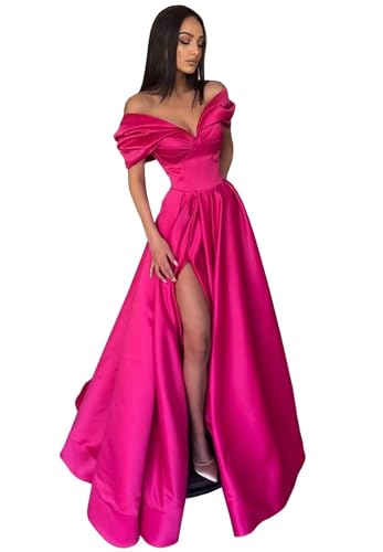 Women's Off The Shoulder Satin Prom Dress with Pockets Long Backless A-Line Formal Evening Gowns with Slit