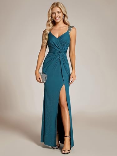 Glitter Evening Dresses Women's V Neck High Slit Sequin Shoulder Strap Maxi Formal Dress 01888