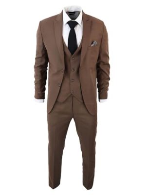 Men's Classic Brown Suit 3 Piece Tailored Fit Vintage Office Wedding Prom
