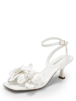 Women's Flower Wedding Heels Cute Square Toe Slingback Low Kitten Heels Sandals with Ankle Strap