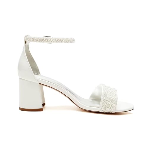 Low Block Heel Wedding Sandals Beaded Wedding Shoes for Bride Ankle Strap Bridal Heels
