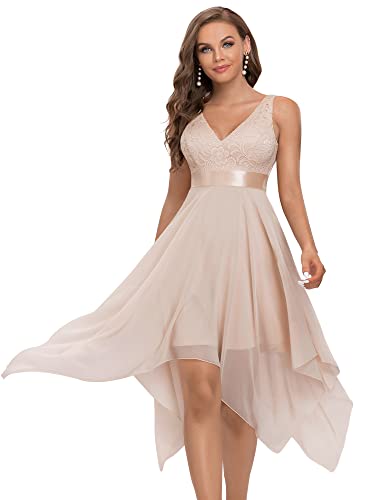 Women's Vintage V Neck Irregular Hem Lace A Line Chiffon Cocktail Dresses 00207