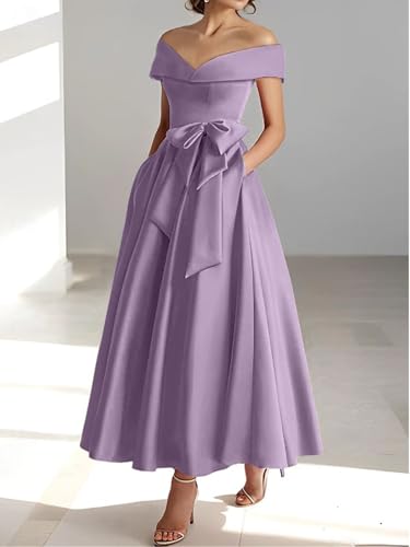 Womens Off The Shoulder Satin Mother of The Bride Dresses with Bow Tea Length Formal Gowns Evening Dress