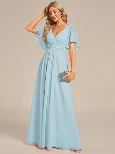 Women's Chiffon A-Line Ruched Short Sleeves Applique Waist V Neck Formal Dresses and Evening Gowns
