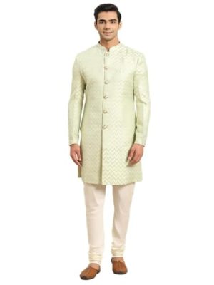 Men's Cream Jacquard Indowestern Sherwani Kurta & Pajama Set – Mandarin Collar | Indian Wedding & Festive Wear
