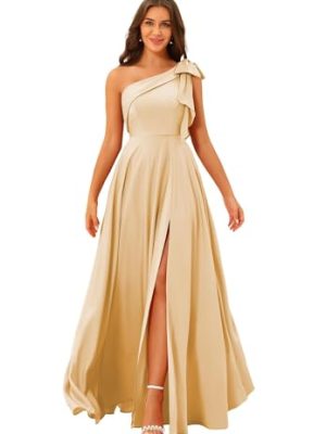 One Shoulder Bridesmaid Dress with Bow Long Prom Dress Satin Formal Gown with Slit BI151