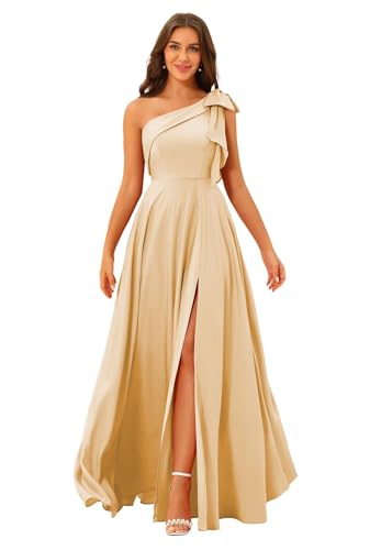 One Shoulder Bridesmaid Dress with Bow Long Prom Dress Satin Formal Gown with Slit BI151