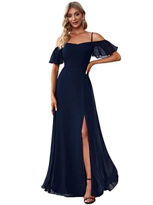 Women's Formal Dresses Off Shoulder Short Sleeve Split A-Line Floor Length Bridesmaid Dresses 0237