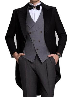 Men's 3 Piece Tuxedo Suit Slim Fit Swallow Long Tailcoat Performances Dinner Party Wedding Double Breasted Vest Pants