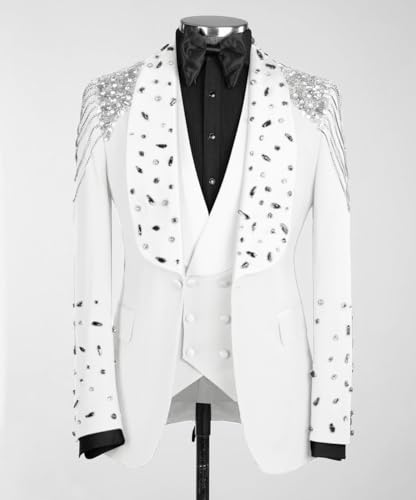 3 Piece Men's Tuxedo Suits Luxury Rhinestone Shawl Lapel Blazers Slim Jacket Vest Pants Sets for Wedding,Prom,Party