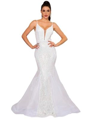 V Neck Sequins Tulle Mermaid Long Prom Dress