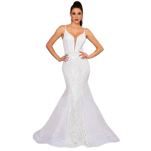 V Neck Sequins Tulle Mermaid Long Prom Dress