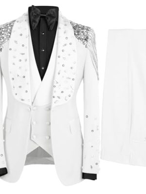 3 Piece Men's Tuxedo Suits Luxury Rhinestone Shawl Lapel Blazers Slim Jacket Vest Pants Sets for Wedding,Prom,Party