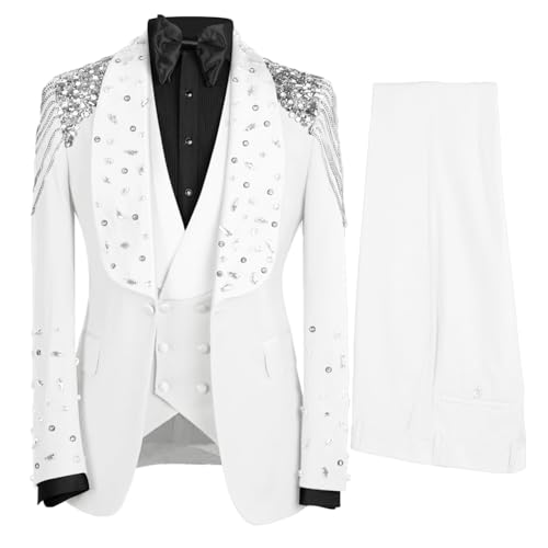 3 Piece Men's Tuxedo Suits Luxury Rhinestone Shawl Lapel Blazers Slim Jacket Vest Pants Sets for Wedding,Prom,Party