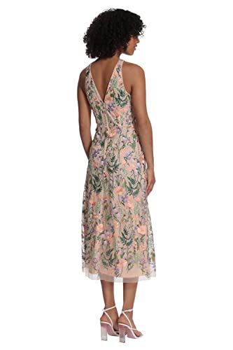 Women's Garden Embroidered Mesh Halter Midi Dress-Perfect for Wedding Guest & Special Occasions