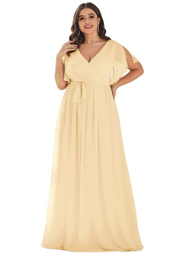 Women's Plus Size Chiffon A-Line Deep V-Neck Elastic Sash Waist Floor Length Formal Bridesmaid Dress