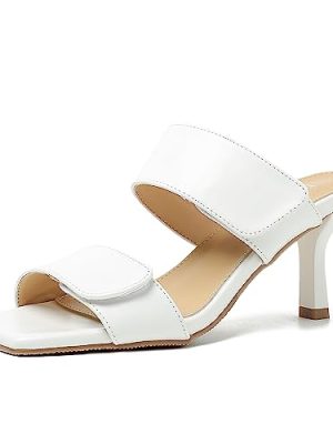 Womens 2 Strap Slip On Heeled Sandals Slip On Sandals Square Toe Kitten Heeled Mules