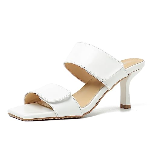 Womens 2 Strap Slip On Heeled Sandals Slip On Sandals Square Toe Kitten Heeled Mules
