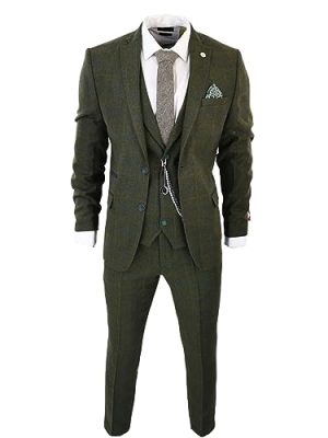 Men's 3 Piece Suit Wool Tweed Green Blue Brown Check 1920s Gatsby Formal Dress Suits