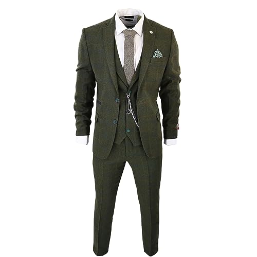 Men's 3 Piece Suit Wool Tweed Green Blue Brown Check 1920s Gatsby Formal Dress Suits