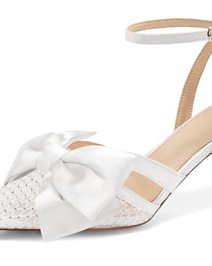 Womens Kitten Low Heels Rhinestone Mesh Bow Heels Closed Pointed Toe Ankle Strap Pumps Dress Wedding Shoes