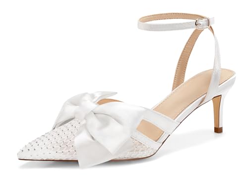 Womens Kitten Low Heels Rhinestone Mesh Bow Heels Closed Pointed Toe Ankle Strap Pumps Dress Wedding Shoes