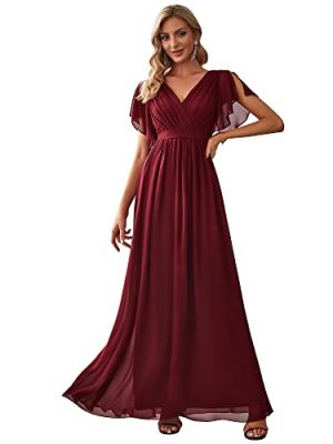 Women's Bridesmaid Dress V-Neck Ruffle Sleeves Ruched Bust Floor Length Chiffon Formal Dresses 0164A