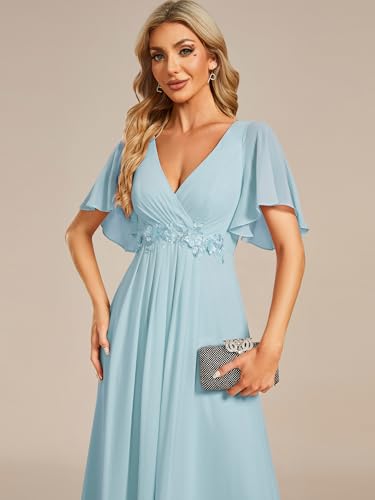 Women's Chiffon A-Line Ruched Short Sleeves Applique Waist V Neck Formal Dresses and Evening Gowns