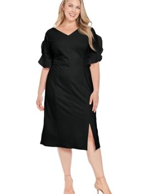 Women's V-Neck Midi Sheath Ruffle Sleeves-Front Slit-Elegant Wedding Guest Cocktail Dress