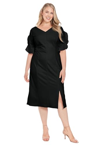 Women's V-Neck Midi Sheath Ruffle Sleeves-Front Slit-Elegant Wedding Guest Cocktail Dress
