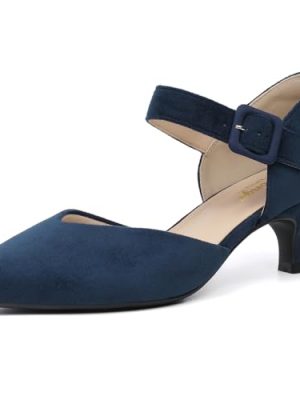 Comfortable Kitten Heels for Women Pointed Closed Toe Ankle Strap Buckle Heels Slip on Low Heel Church Pumps Wedding Bridal