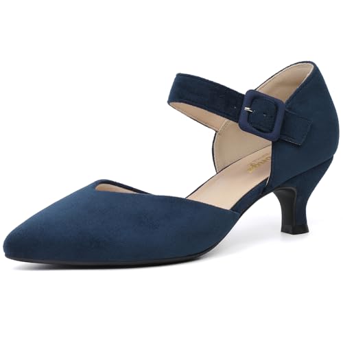 Comfortable Kitten Heels for Women Pointed Closed Toe Ankle Strap Buckle Heels Slip on Low Heel Church Pumps Wedding Bridal